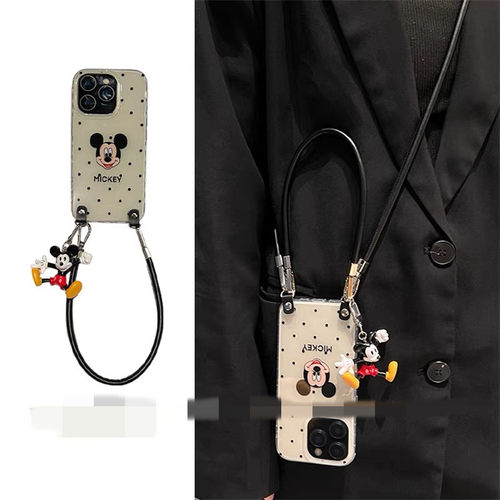 适用iPhone16手机壳15/14苹果x黑波点米奇xs卡通挂件13/12可拎手绳6/7/8plus斜挎11pro网红超火xr高级5s新Max