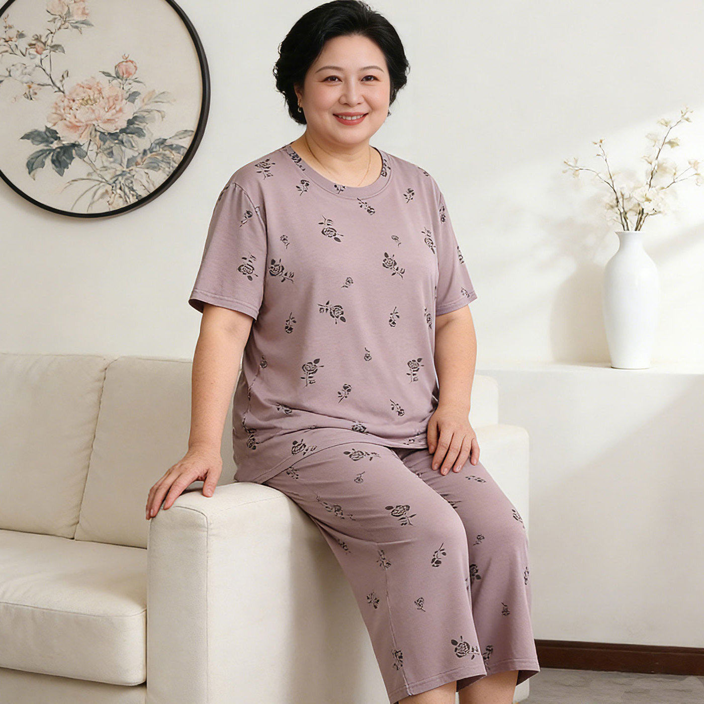 薄款夏季睡衣女大码中年妈妈莫代尔短袖九分裤家居服中老年200斤