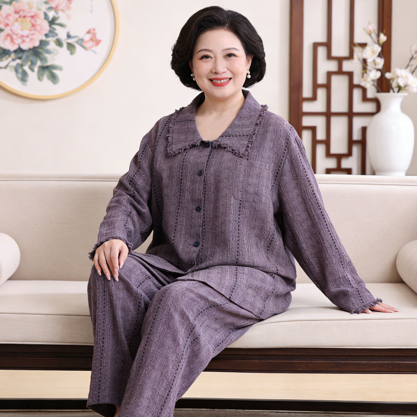 春秋棉纱大码女装妈妈加肥加大家居服200斤纱布睡衣中老年可外穿