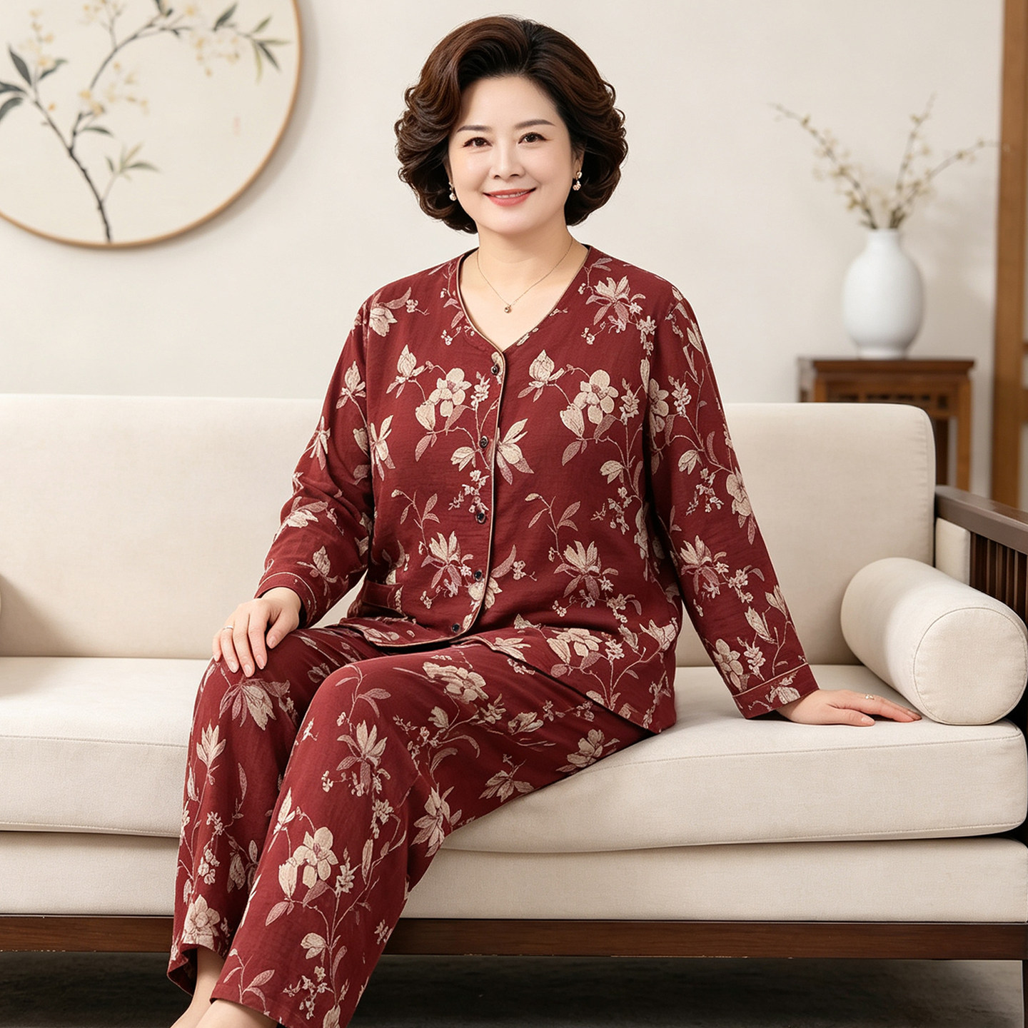 棉纱春秋大码女装妈妈加肥加大睡衣200斤中老年红色家居服纯棉秋