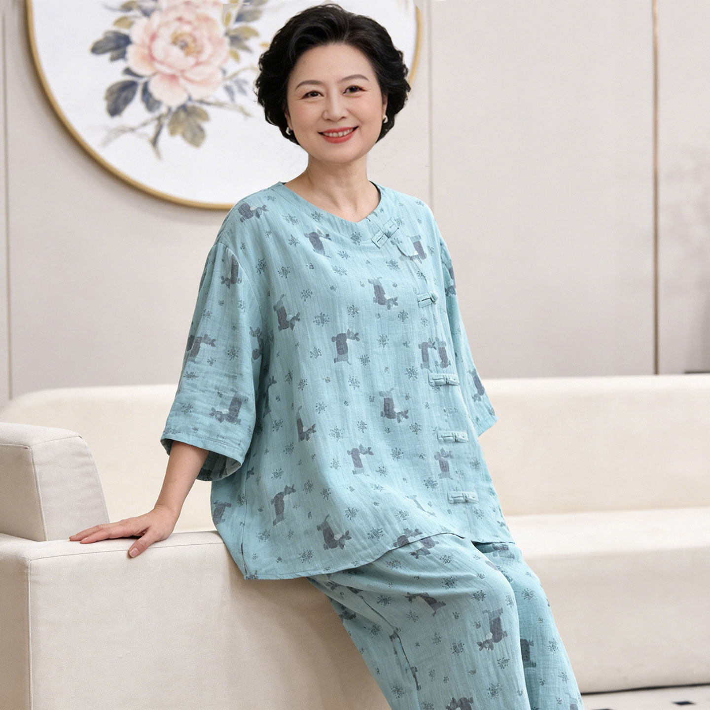 200斤大码女装妈妈加肥加大家居服纯棉夏季新中式棉纱睡衣中老年