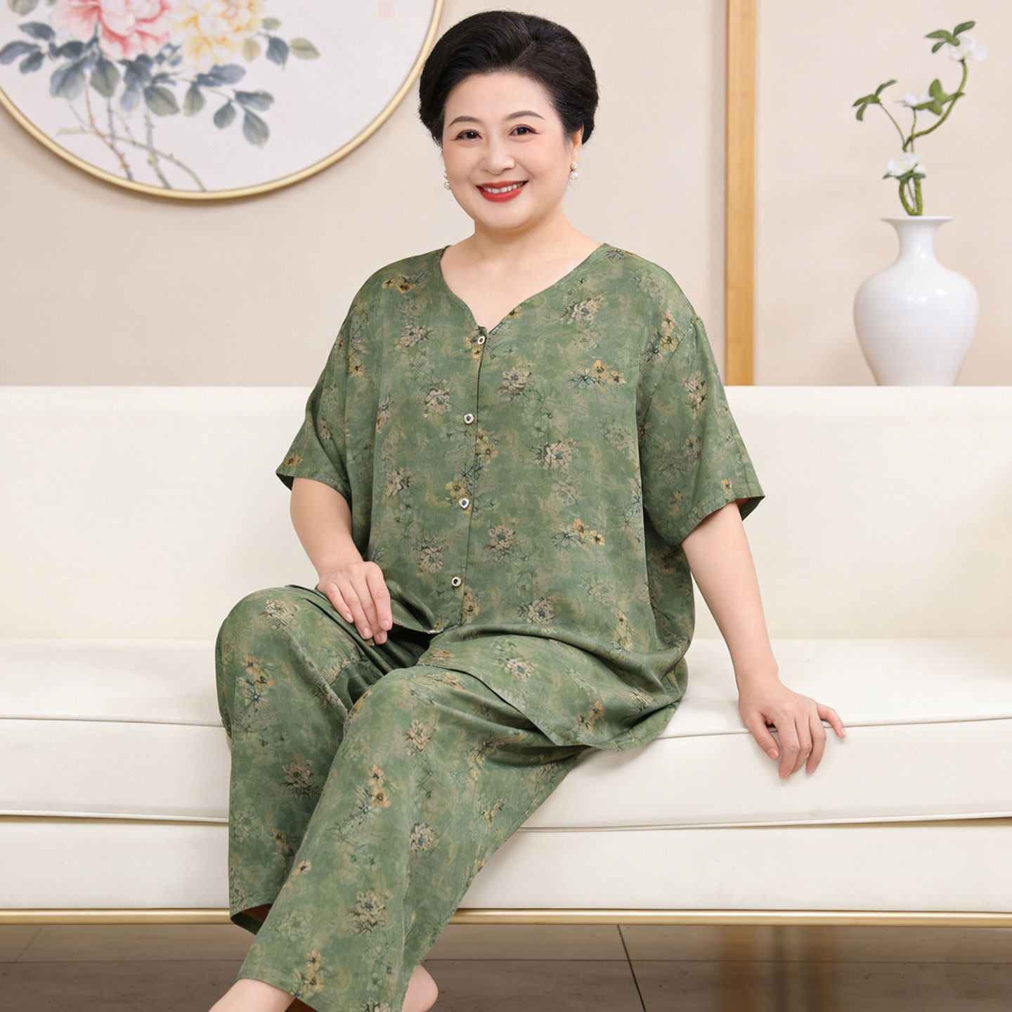 老年人睡衣女款大码夏季薄款棉绸家居服加肥加大200斤中老年妈妈