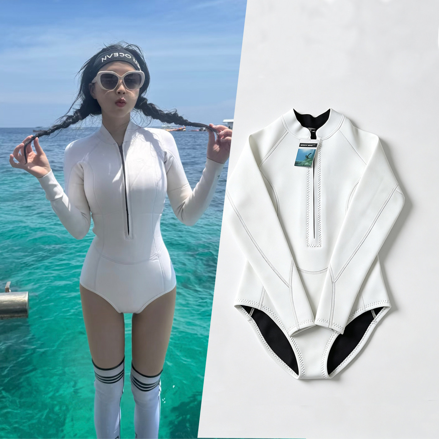 2mm月白连体潜水服女 韩版显瘦拉链长袖防寒防晒仙本那浮潜冲浪潮