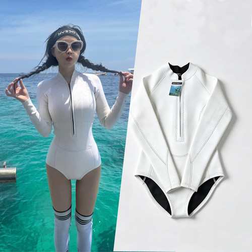 2mm月白连体潜水服女 韩版显瘦拉链长袖防寒防晒仙本那浮潜冲浪潮