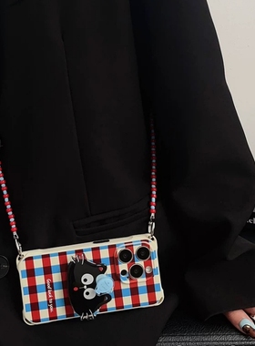 复古红蓝格子猫咪支架适用于小米15ultra红米k80手机壳70/60四角开孔note13挂绳14手腕12斜挎turbo4pro防摔40