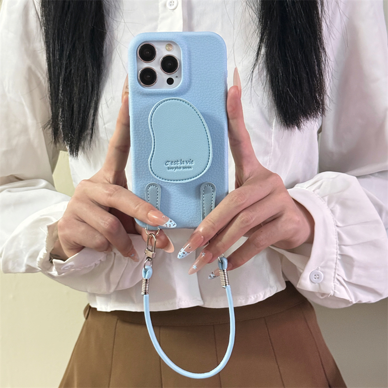 浅蓝色皮纹适用iPhone16苹果15手机壳13带支架14pro手拎挂绳16promax韩系清新12女11小众简约高级x皮质保护套