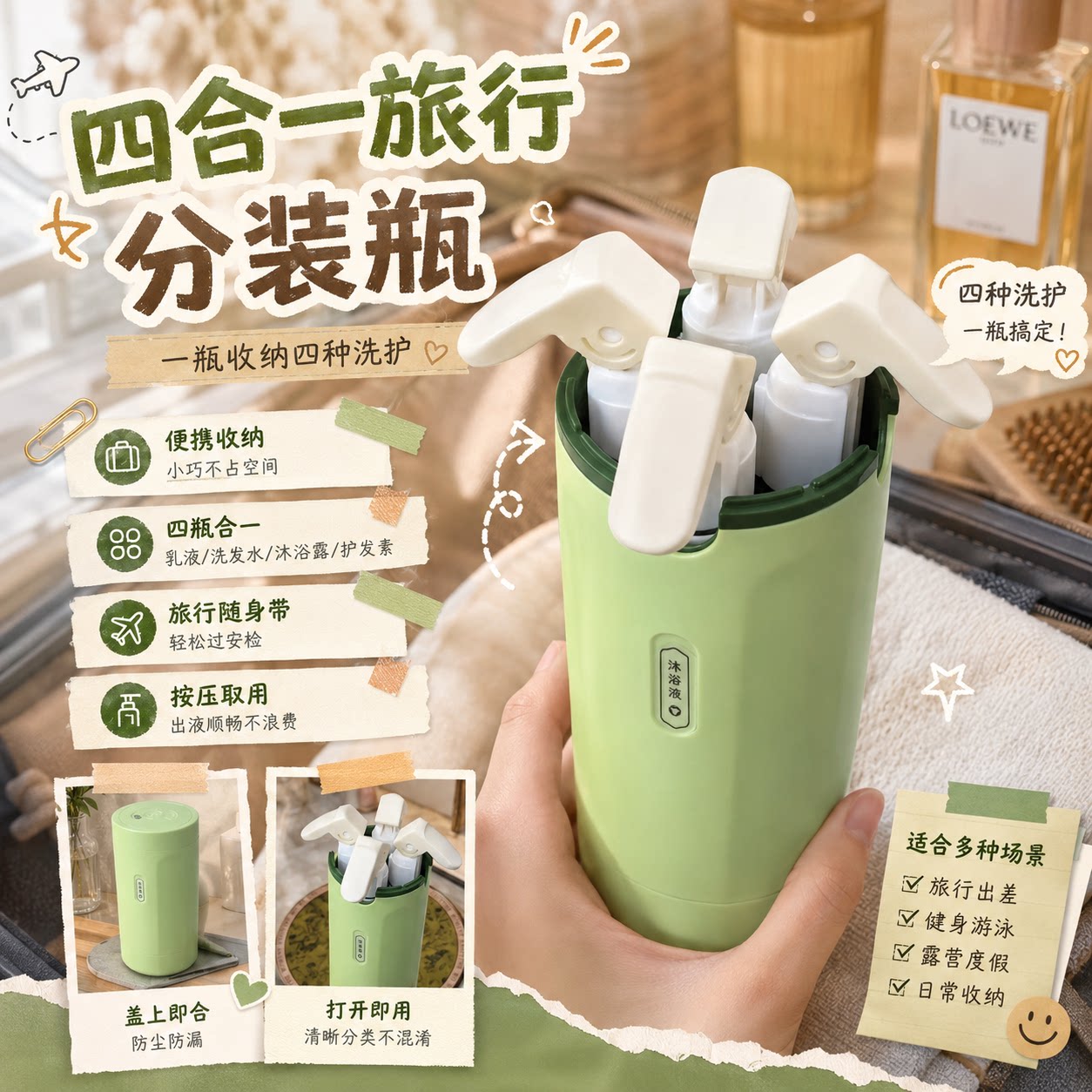 四合一旅行分装瓶便携化妆品套装洗漱包/化妆包