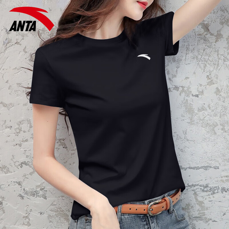 安踏短袖T恤女装冬季轻薄透气夏装速干半袖上衣圆领黑色短T运动服