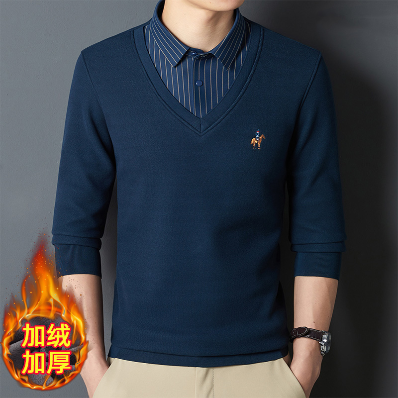 保罗保暖套头毛衣加绒加厚假两件青少年潮流修身男士衬衫领针织衫