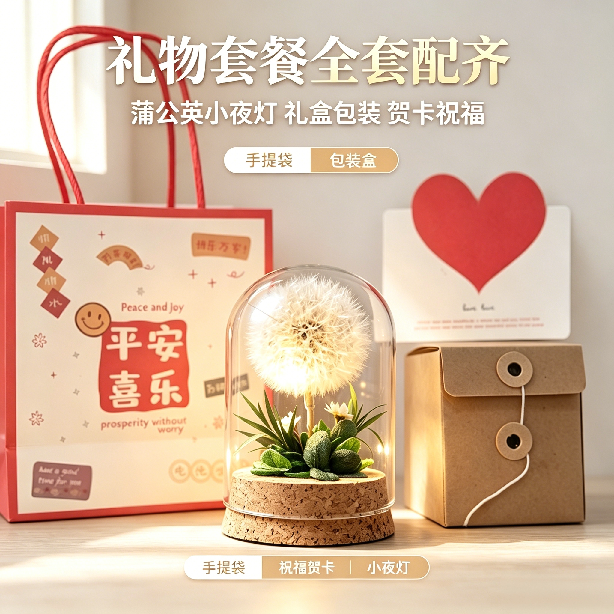 永生蒲公英玻璃罩小夜灯 干花标本摆件 女生生日创意伴手礼