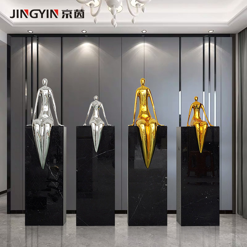 京茵欧式现代轻奢金色坐姿人物雕塑创意摆设玄关落地摆件石墩底座