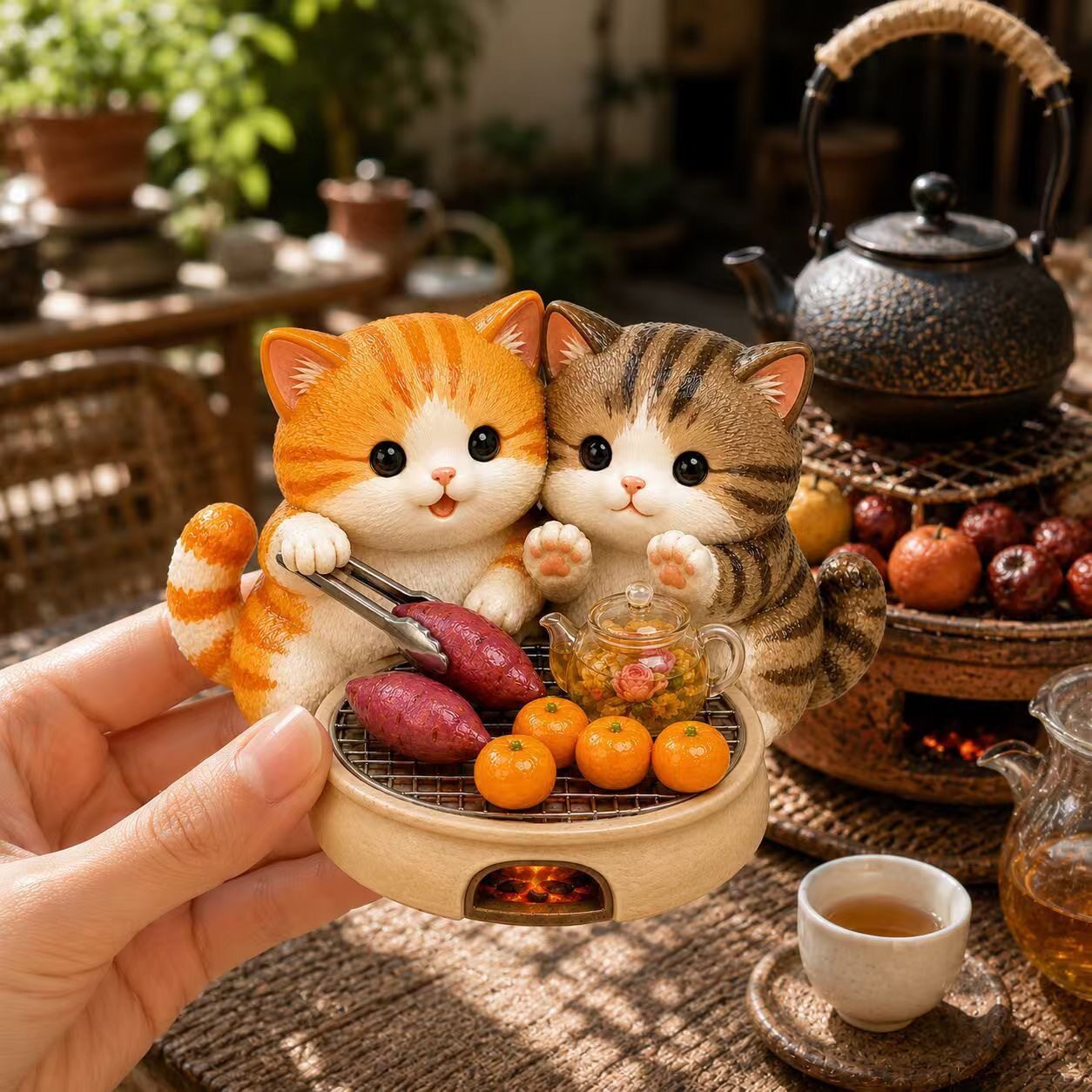 围炉煮茶小猫树脂浮雕磁吸冰箱贴