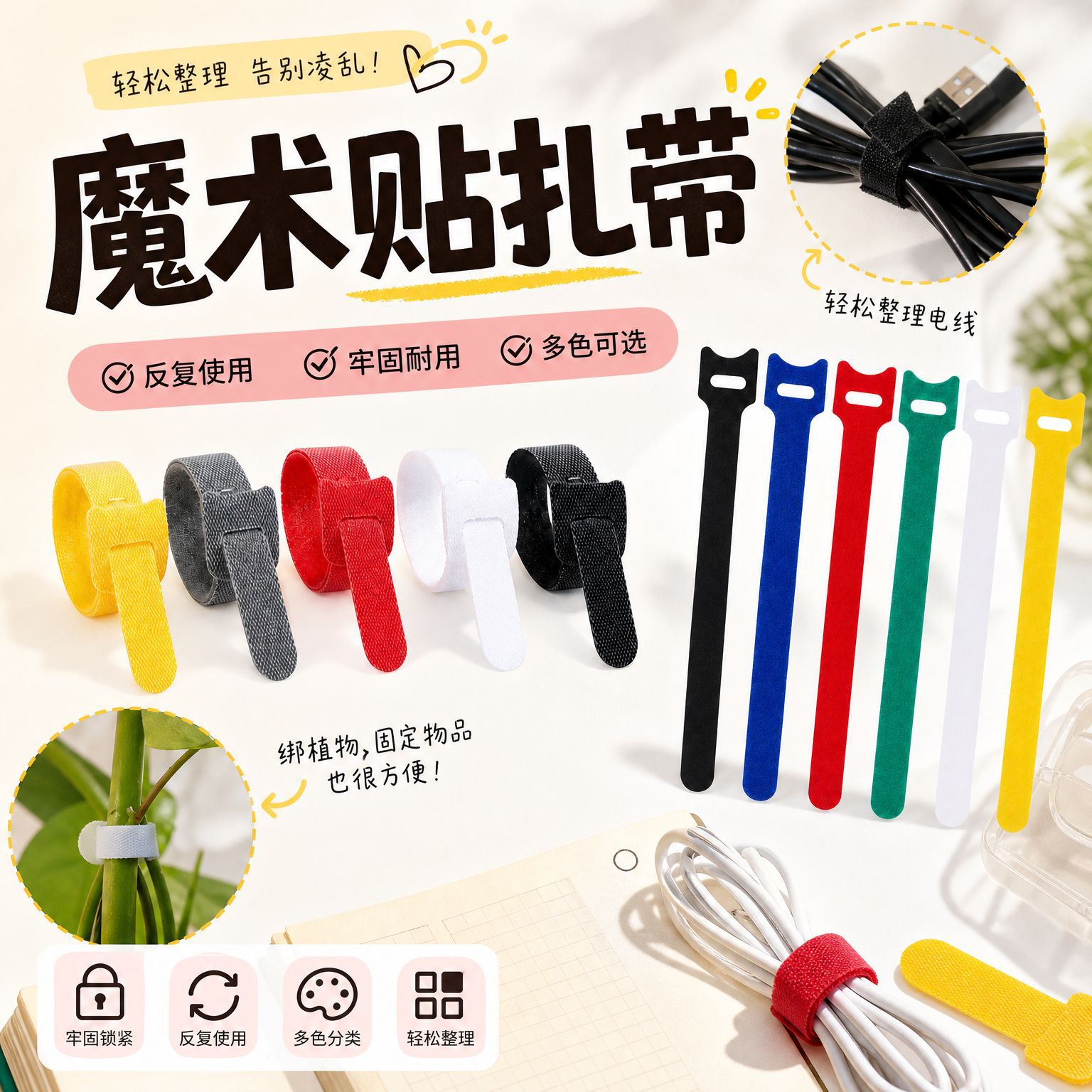 自粘魔术贴背对背理线带猫头带孔