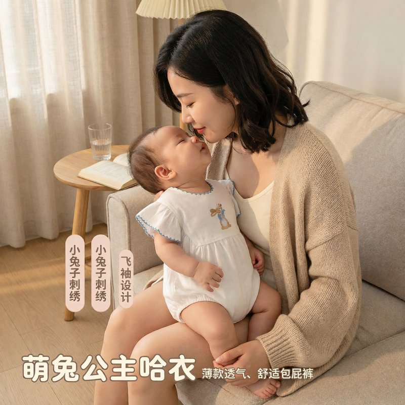 婴儿夏季新款女宝小兔子刺绣包屁哈衣满月百天服飞袖公主爬服薄款