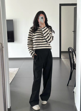 MO正品西裤机能风金属扣高腰设计感立褶阔腿裤黑色MBC1PATT08