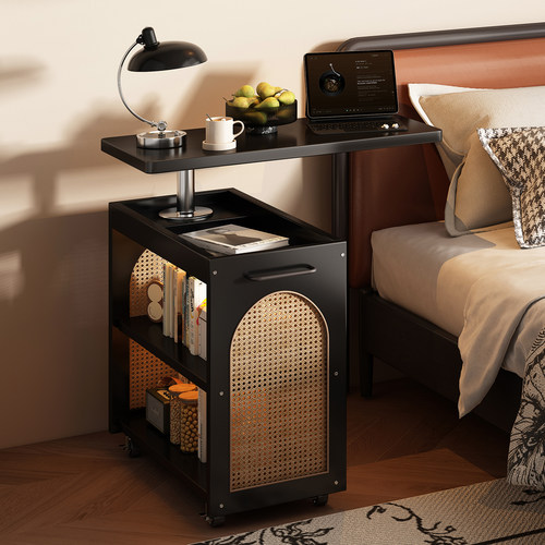 【全橡胶木带轮】升降旋转床头柜