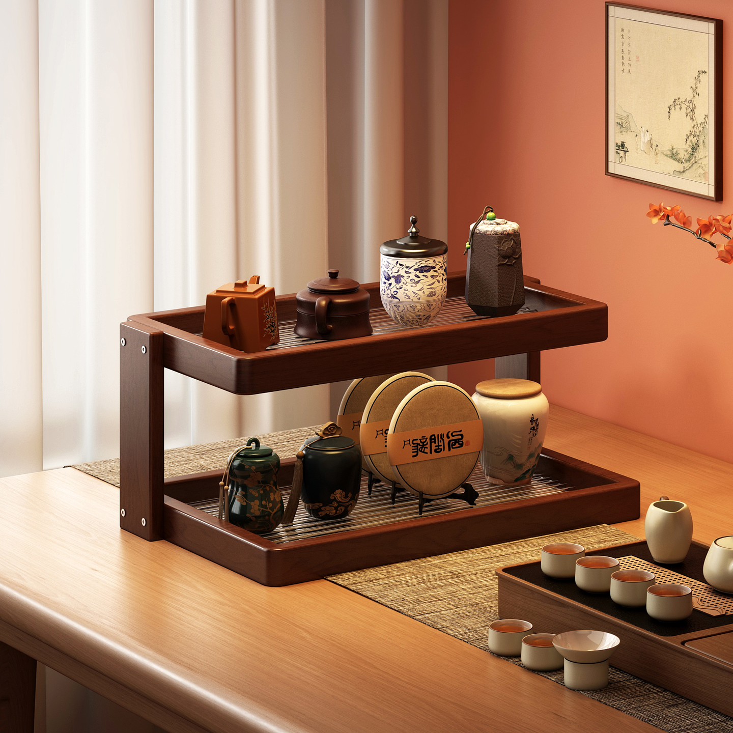 【加厚加固进口橡胶木】桌面杯架