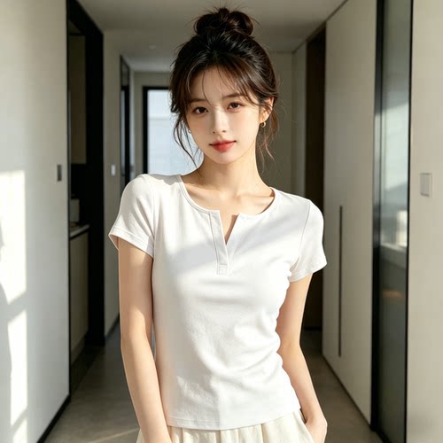 纯欲气质正肩V领短袖T恤女夏季2026新款显瘦修身百搭上衣女TG0700
