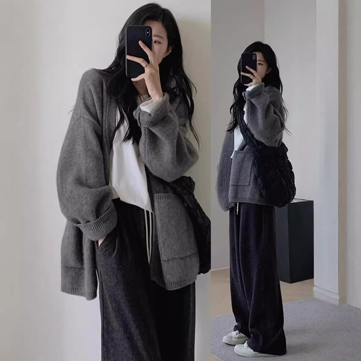 慵懒风灰色毛衣开衫外套女2026春款高级感针织百搭休闲上衣潮