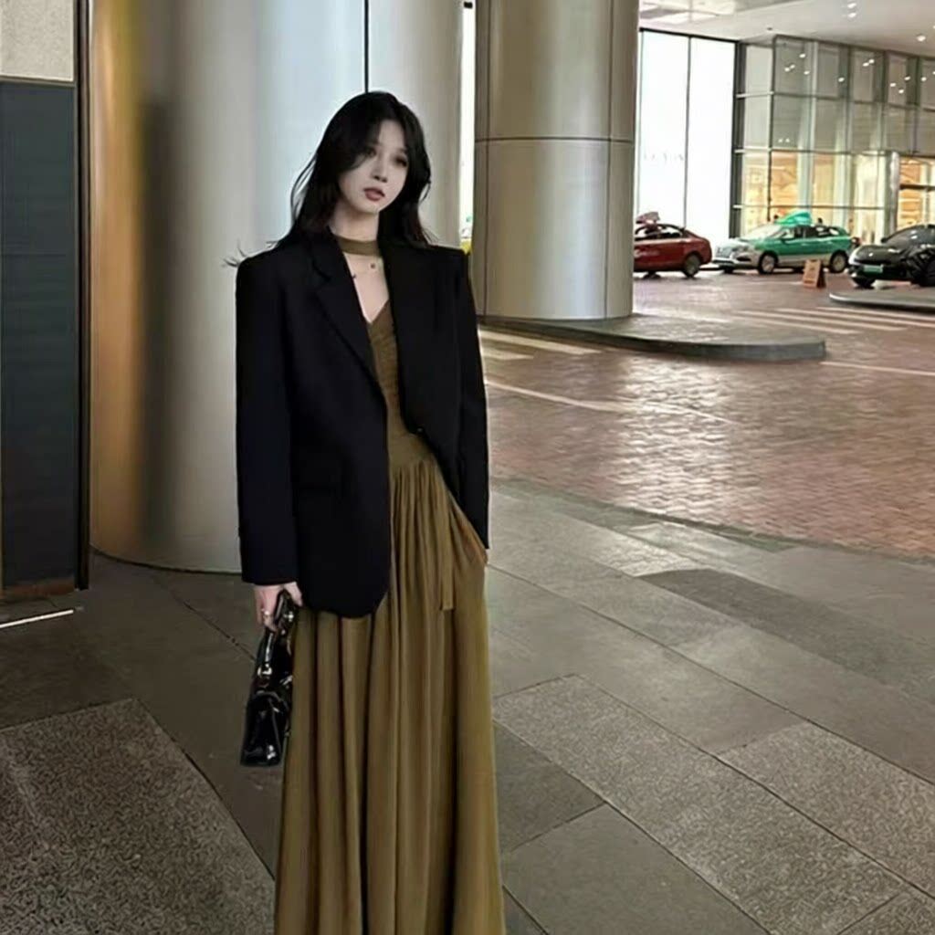 法式黑色长袖连衣裙子女装春季新款韩系内搭长裙高级感穿搭