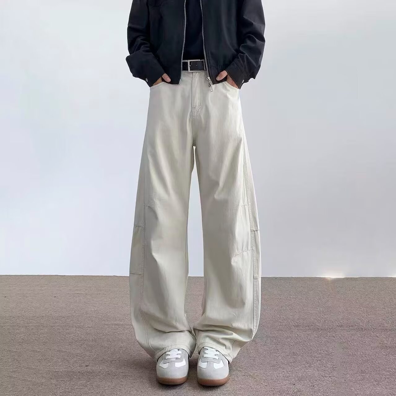 港风杏色弯刀水洗棉工装裤男2026春季加厚情侣休闲裤宽松阔腿长裤
