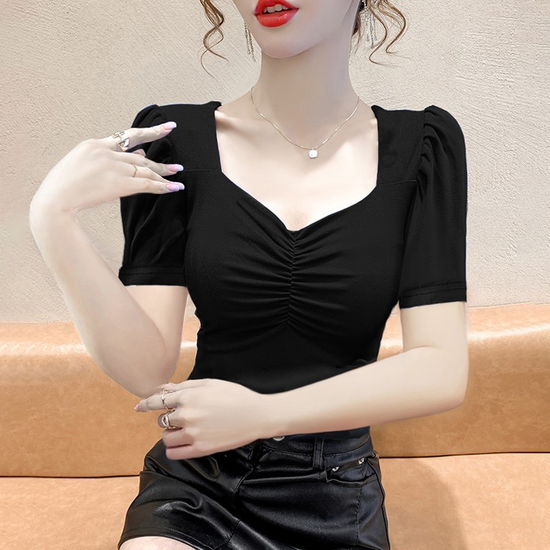 方领泡泡袖短袖性感上衣女法式别致辣妹短袖T恤夏黑色低胸打底衫