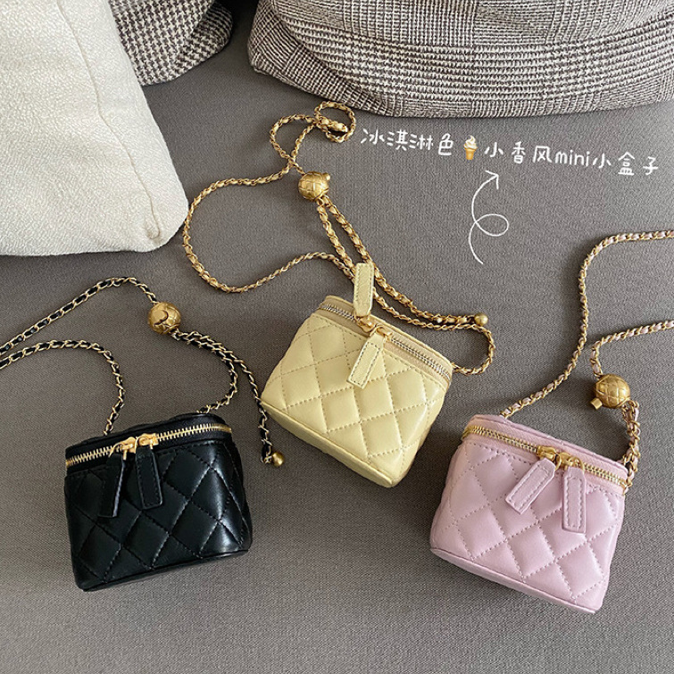 真皮女包迷你小香风金球链条包mini盒子包2025新款单肩斜挎小包包