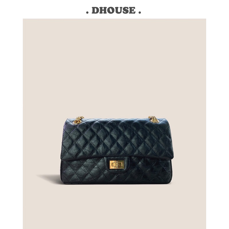 包包女头层牛皮爆裂纹菱格斜挎包