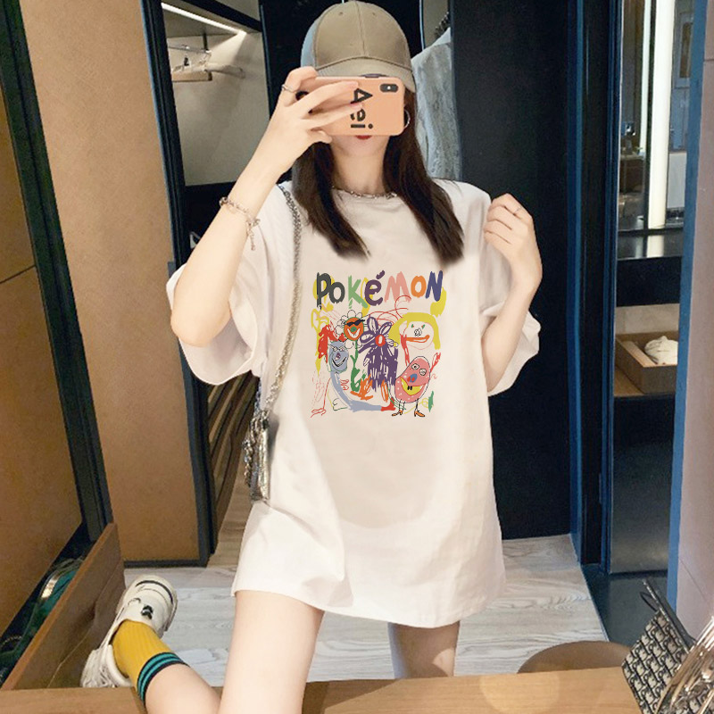 涂鸦中长款短袖t恤女夏季2025新款韩版纯棉上衣遮屁股减龄体恤潮