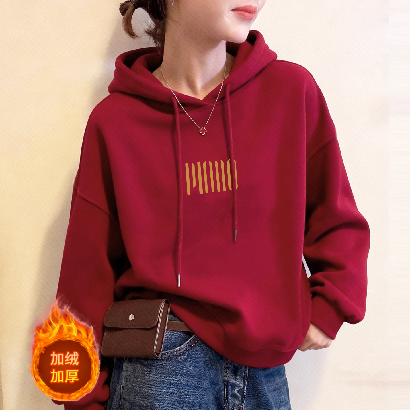 韩版加绒洋气红色连帽卫衣女ins