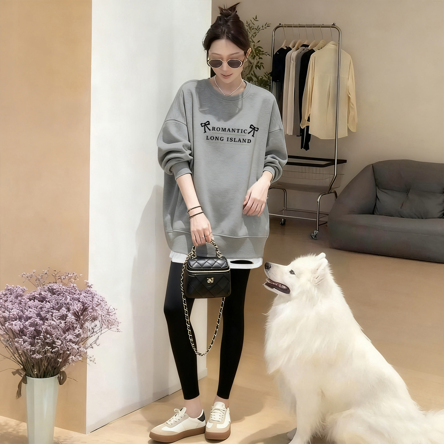 韩系慵懒松弛加绒假两件卫衣女