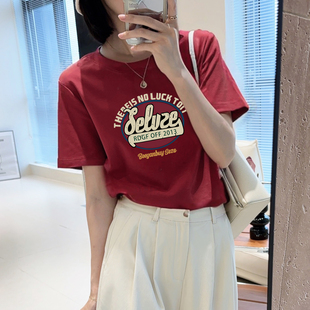 休闲气质上衣潮流体恤 韩版 巨好看红色圆领短袖 t恤女2025新款 夏季