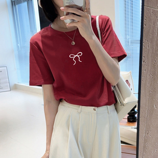 宽松洋气上衣气质百搭体恤潮 薄款 圆领红色短袖 t恤女2025新款 夏季