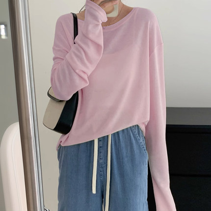 韩系慵懒风松弛感长袖t恤女薄款夏2025新款防晒罩衫粉色遮肉上衣