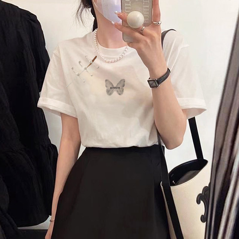 短袖小个子新中式蝴蝶纯棉t恤女