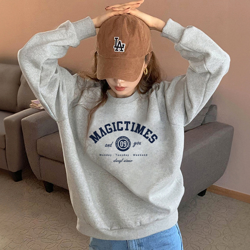 薄款圆领宽松灰色字母休闲卫衣女