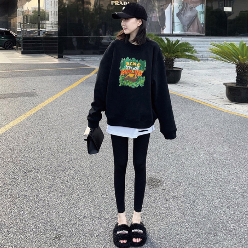 时尚印花中长遮屁股假两件卫衣女