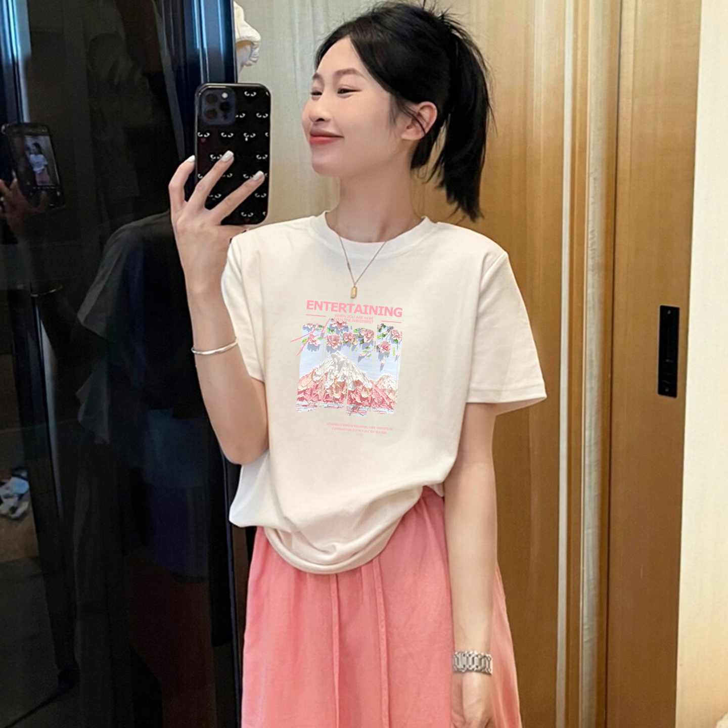 白色洋气甜美减龄印花短袖t恤女