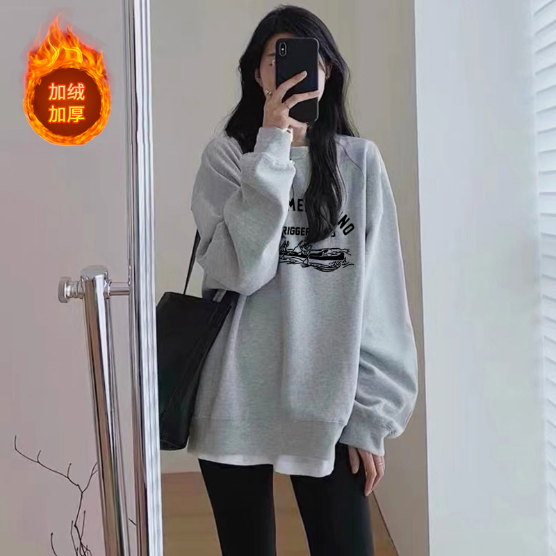韩版灰色假两件秋冬卫衣女中长款配鲨鱼裤上衣2025加绒新款外套潮