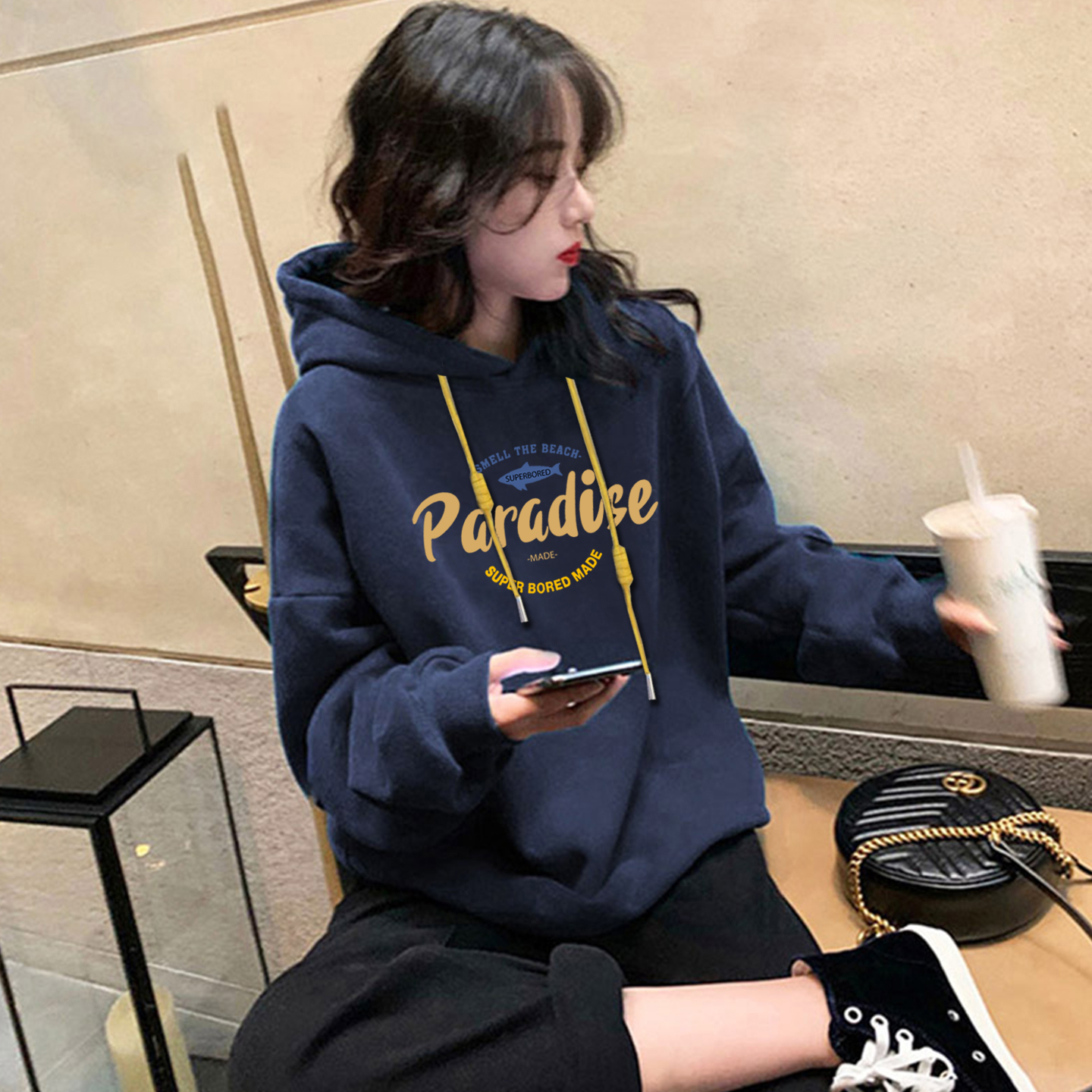 加绒港风显瘦撞色字母连帽卫衣女