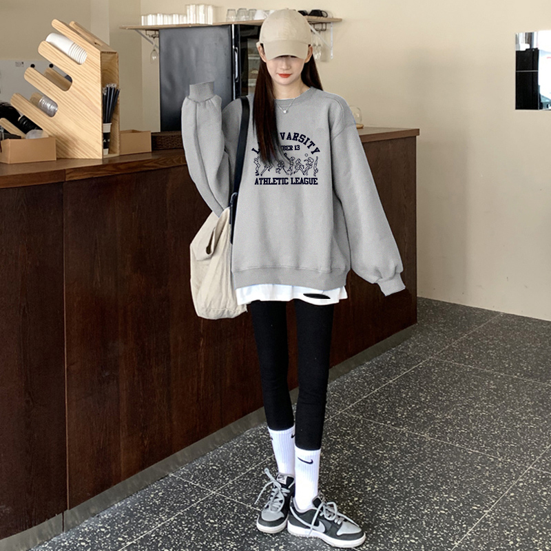 小个子假两件卫衣女宽松配鲨鱼裤上衣2025秋冬新款中长款加绒外套