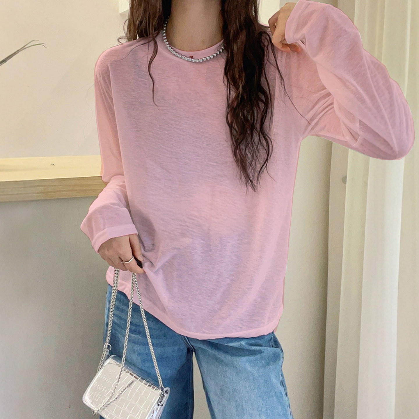 港风粉色宽松凉感长袖防晒t恤女夏2025新款外搭薄款空调罩衫上衣