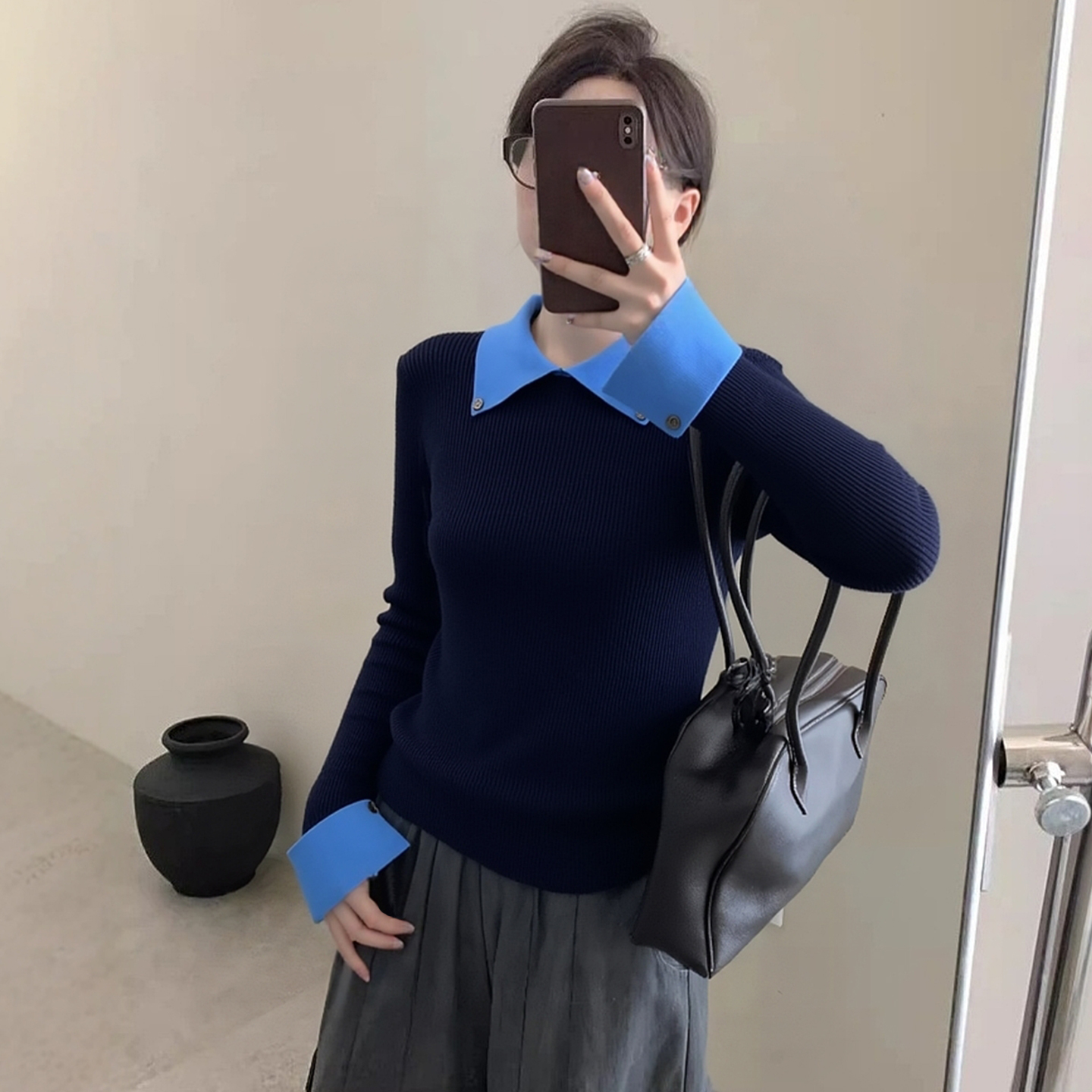 撞色翻领深蓝色针织衫女秋冬ins