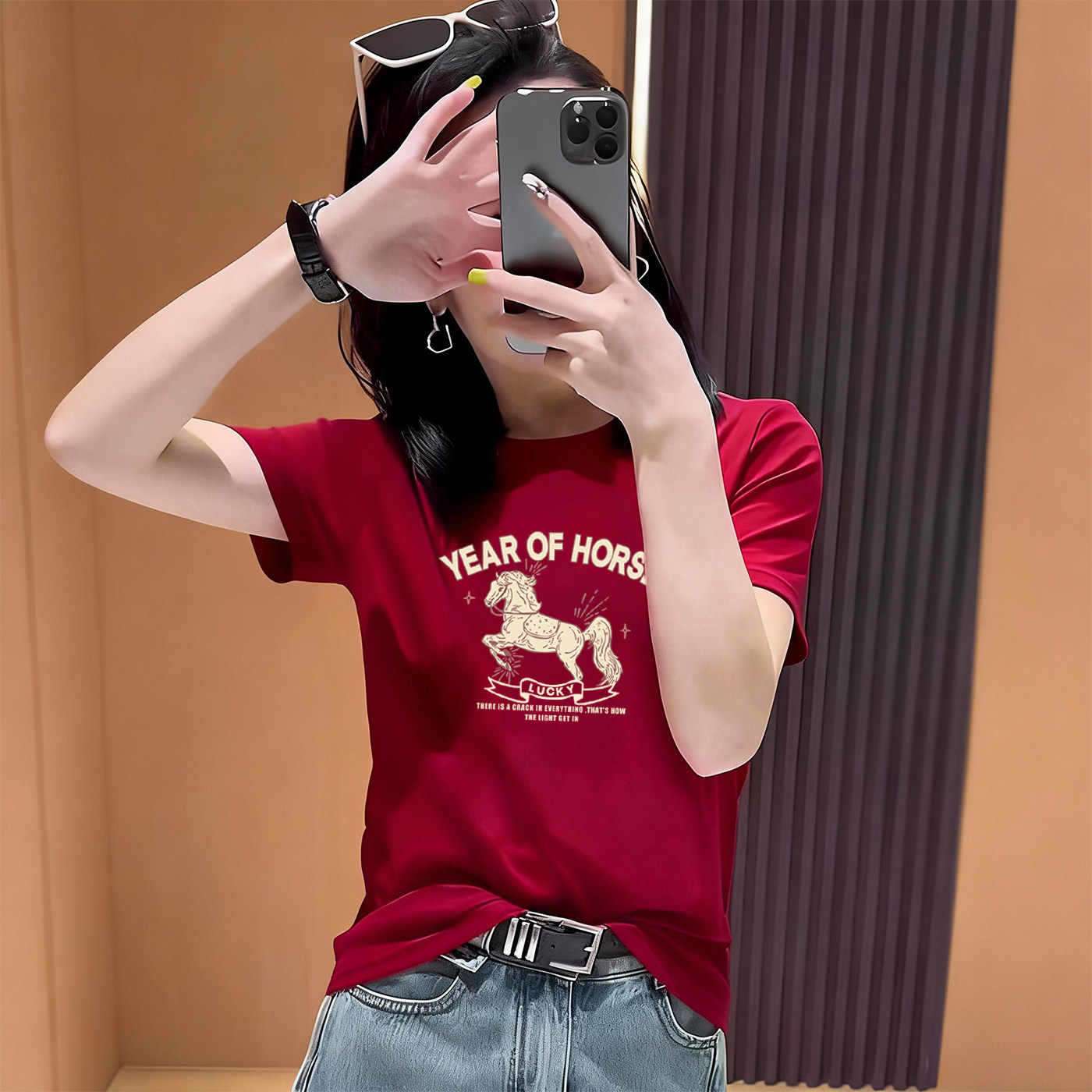 2026春夏新款红色短袖T恤女新年生肖马印花宽松休闲显瘦上衣内搭