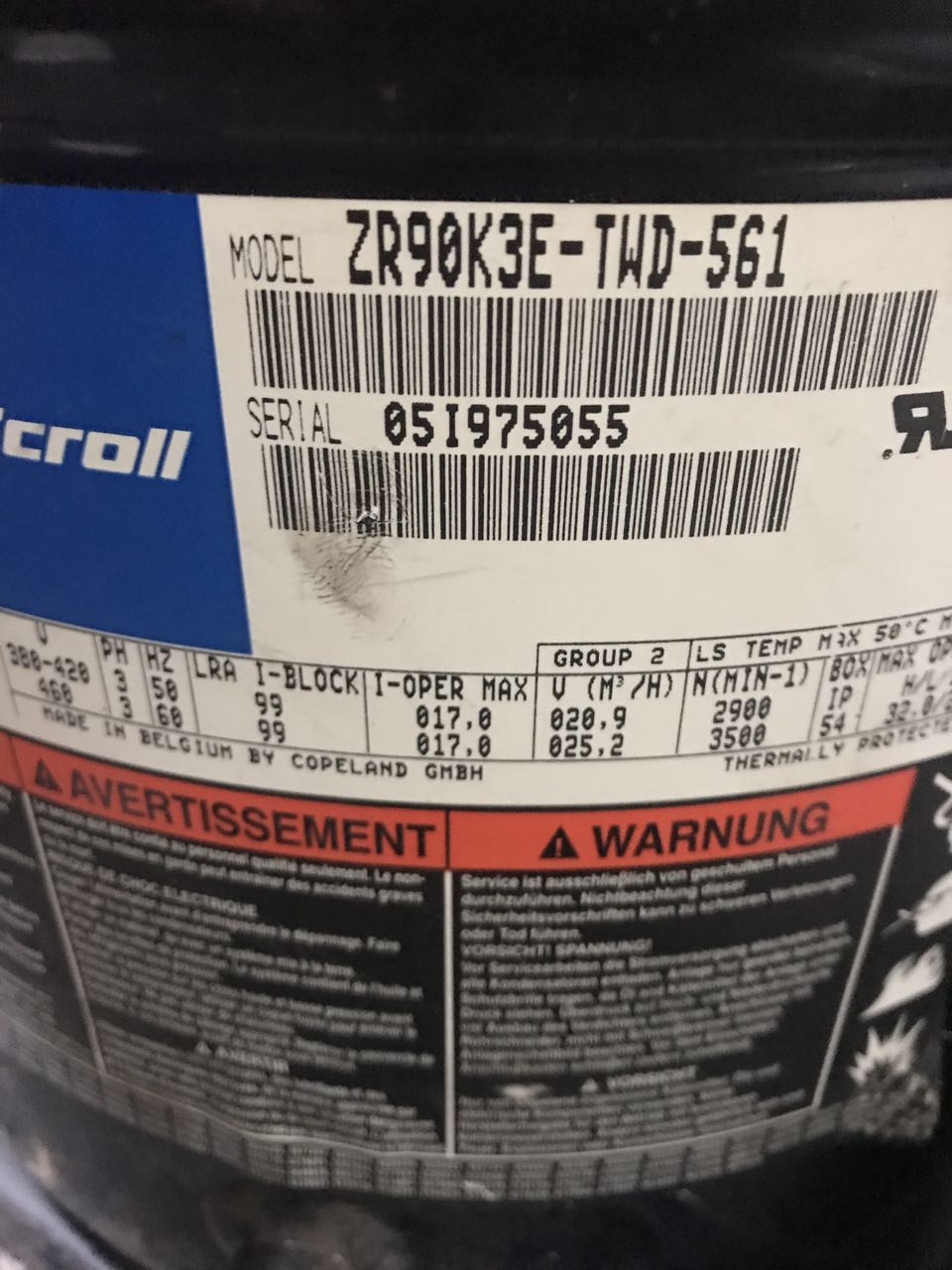 ZR90K3E-TWD-561 ZR90K3E-TWD-591 522原装谷轮7.5匹制冷压缩机