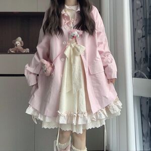 两件套长袖女衬衫日系穿杏色甜美可爱学生蝴蝶结叠连衣裙粉色绑带