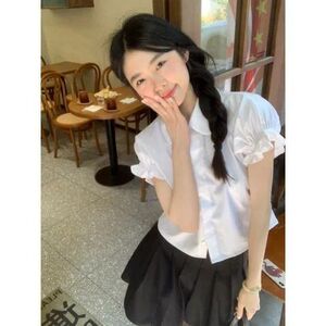 衬衫女韩系夏季娃娃领甜美短款新款减龄设计感花苞袖洋气2025上衣