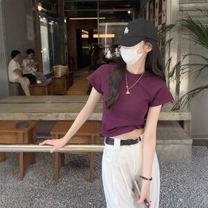 新款夏季打底衫短款修身露脐短袖韩版女T恤百搭学生圆领纯色上衣