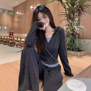 长裤春季阔腿裤两件套上衣长袖女糯米假两件套装休闲运动套装高腰
