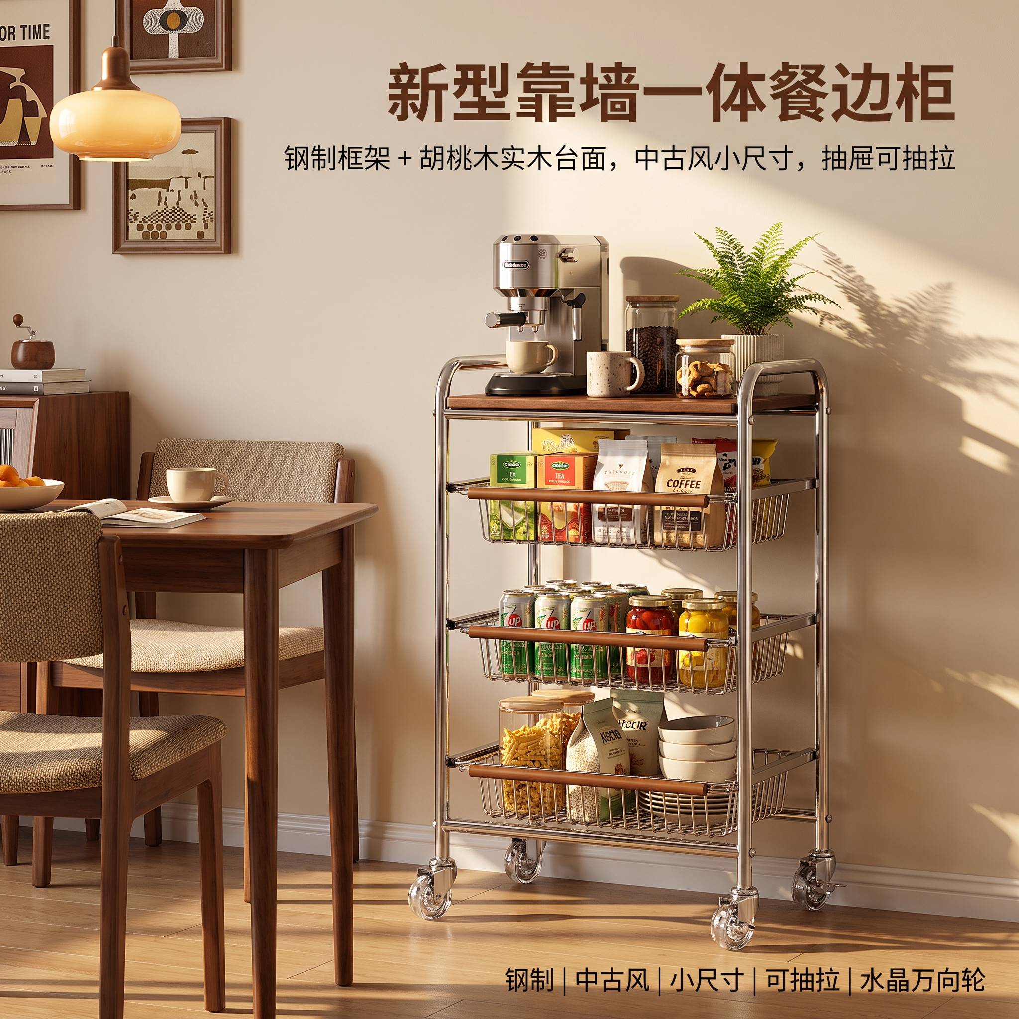 中古风餐边柜新型钢制加厚金属落地靠墙一体小尺寸置物架小推车